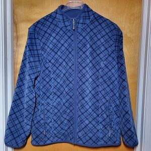 Blue And Black Diagonal Plaid Zip-Up Fleece Jacket With Pockets